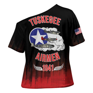 Tuskegee Red Tails Airmen WWII Tribute Cross Shoulder Shirt 332nd Fighter Group - Black