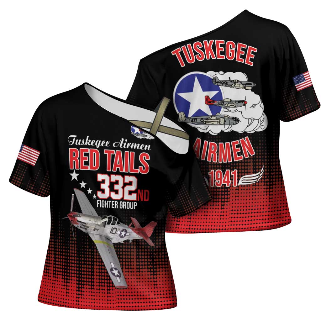 Tuskegee Red Tails Airmen WWII Tribute Cross Shoulder Shirt 332nd Fighter Group - Black