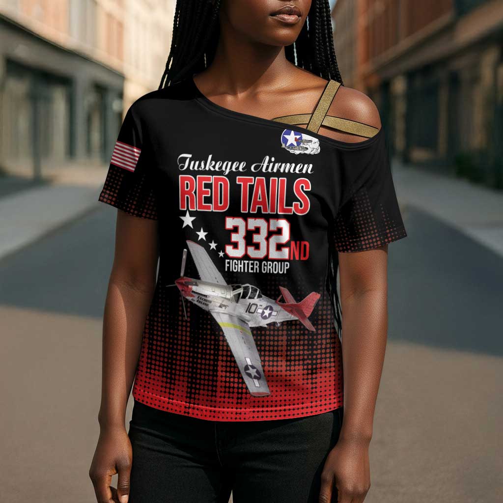 Tuskegee Red Tails Airmen WWII Tribute Cross Shoulder Shirt 332nd Fighter Group - Black