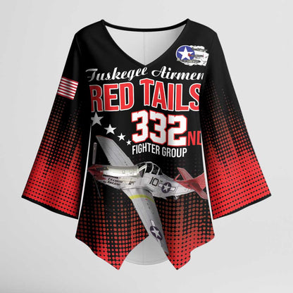 Tuskegee Red Tails Airmen WWII Tribute Kimono Sleeve Blouse 332nd Fighter Group - Black