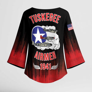 Tuskegee Red Tails Airmen WWII Tribute Kimono Sleeve Blouse 332nd Fighter Group - Black