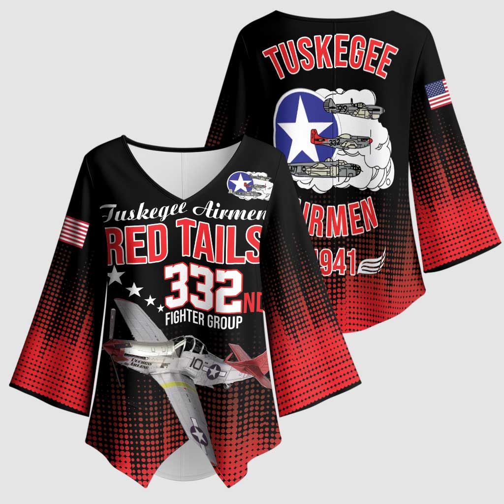 Tuskegee Red Tails Airmen WWII Tribute Kimono Sleeve Blouse 332nd Fighter Group - Black