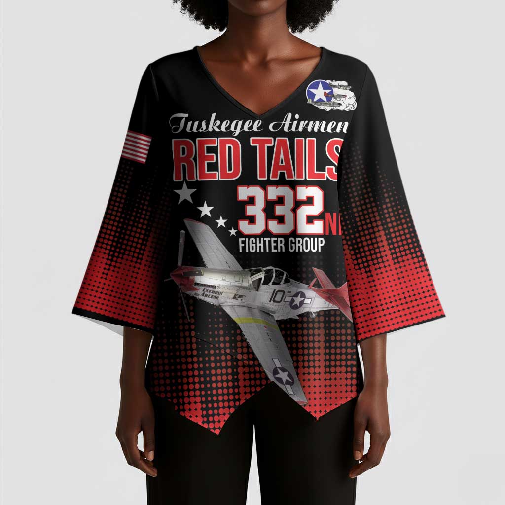 Tuskegee Red Tails Airmen WWII Tribute Kimono Sleeve Blouse 332nd Fighter Group - Black