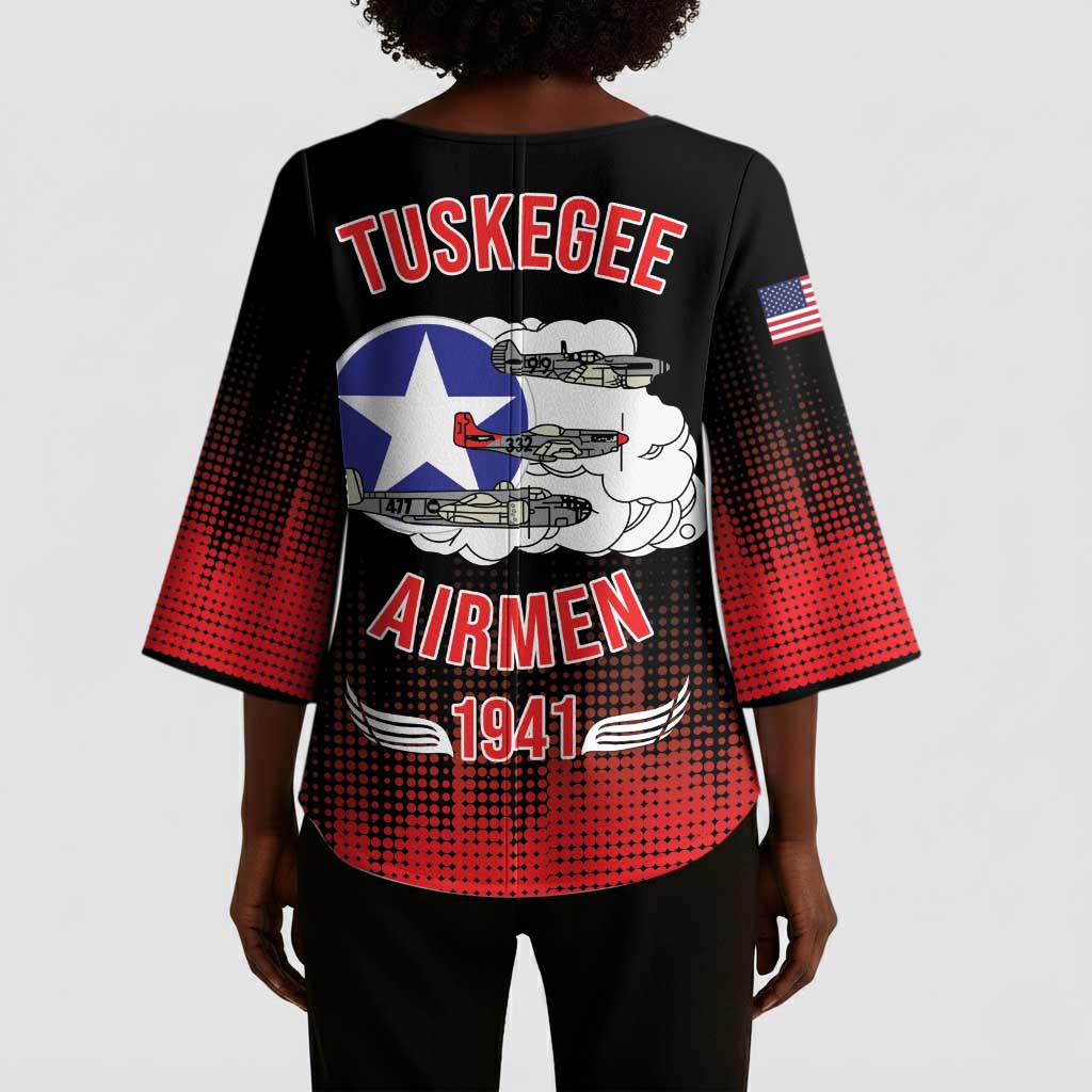 Tuskegee Red Tails Airmen WWII Tribute Kimono Sleeve Blouse 332nd Fighter Group - Black