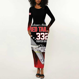 Tuskegee Red Tails Airmen WWII Tribute Long Sleeve Bodycon Dress 332nd Fighter Group - Black - African Pride