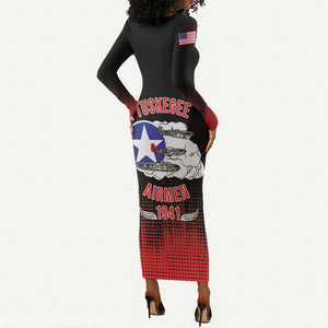 Tuskegee Red Tails Airmen WWII Tribute Long Sleeve Bodycon Dress 332nd Fighter Group - Black - African Pride