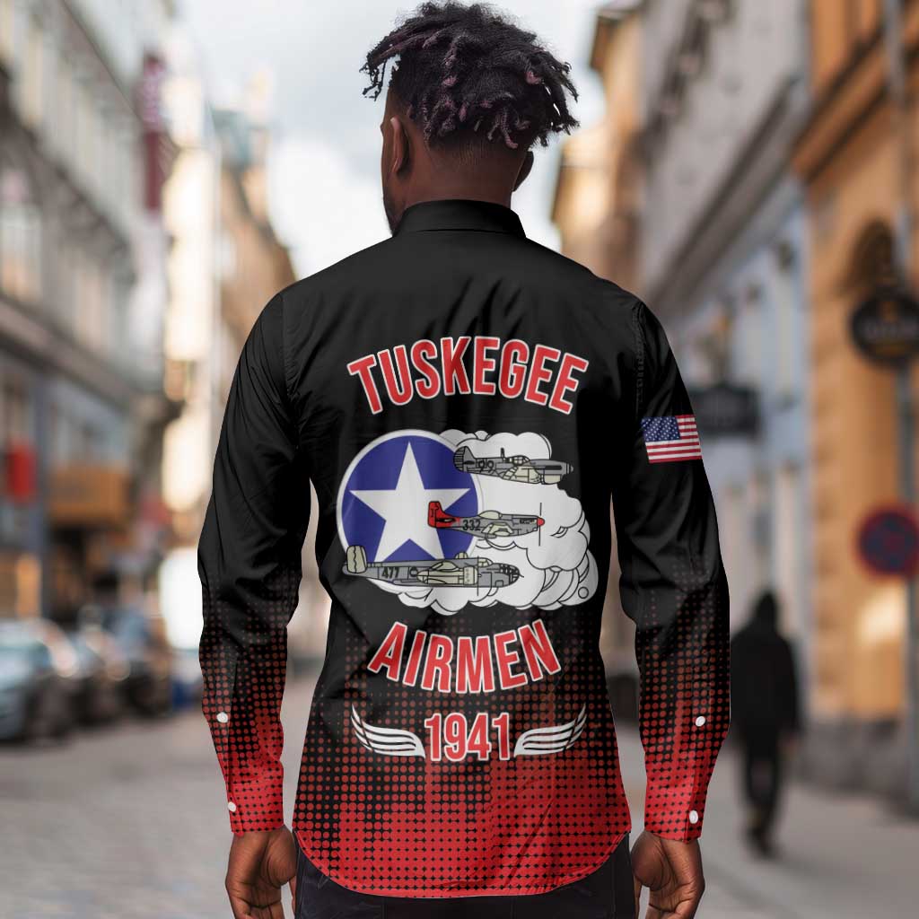 Tuskegee Red Tails Airmen WWII Tribute Long Sleeve Button Shirt 332nd Fighter Group - Black - African Pride