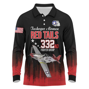 Tuskegee Red Tails Airmen WWII Tribute Long Sleeve Polo Shirt 332nd Fighter Group - Black - African Pride