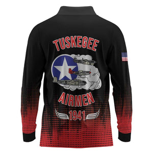 Tuskegee Red Tails Airmen WWII Tribute Long Sleeve Polo Shirt 332nd Fighter Group - Black - African Pride