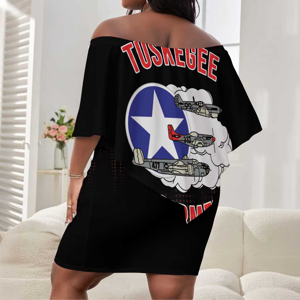 Tuskegee Red Tails Airmen WWII Tribute Off Shoulder Short Dress 332nd Fighter Group - Black - African Pride