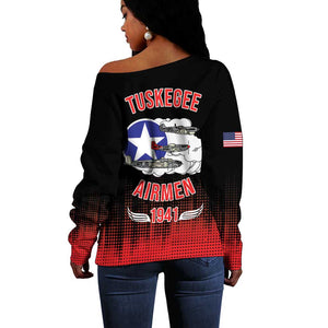 Tuskegee Red Tails Airmen WWII Tribute Off Shoulder Sweater 332nd Fighter Group - Black - African Pride