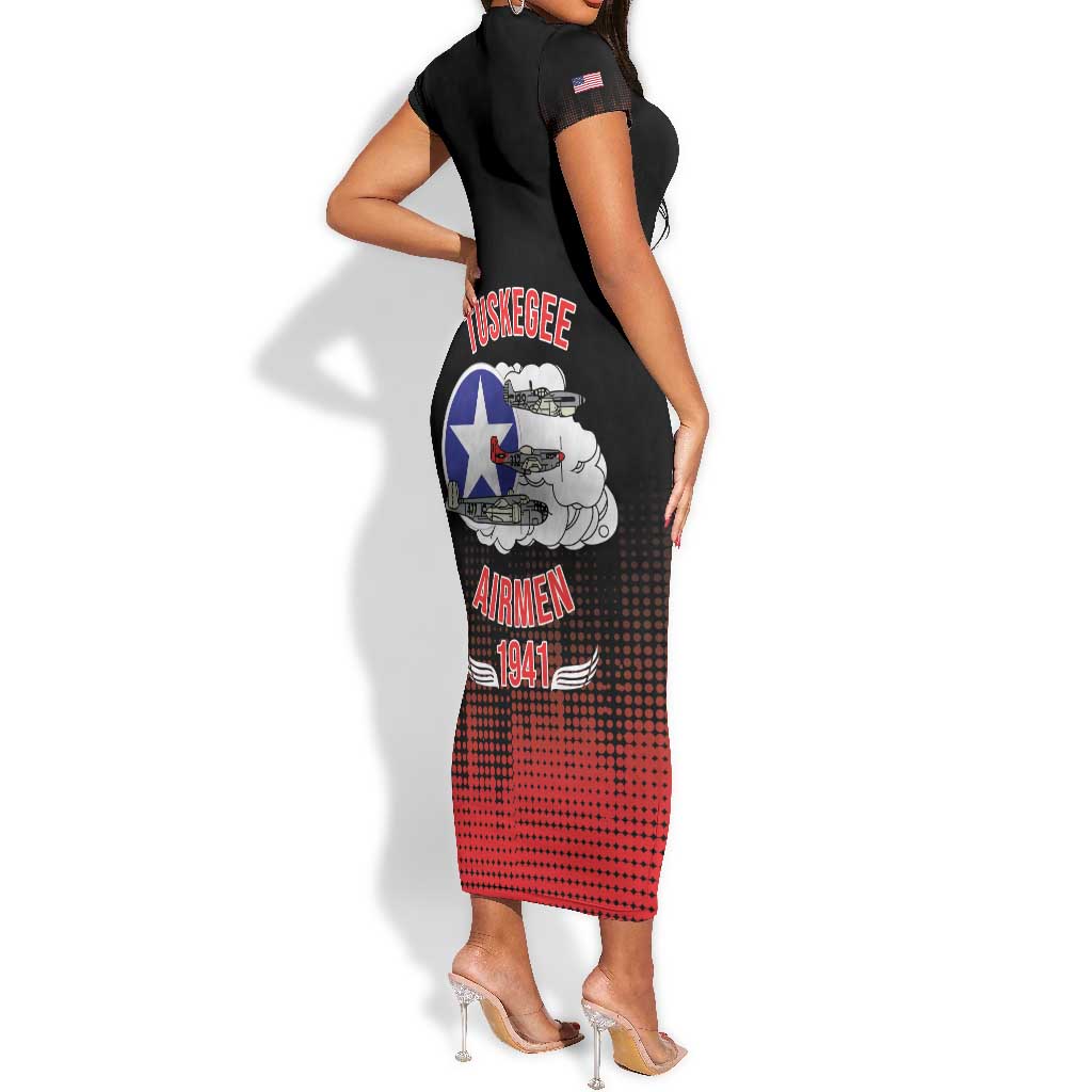 Tuskegee Red Tails Airmen WWII Tribute Short Sleeve Bodycon Dress 332nd Fighter Group - Black - African Pride