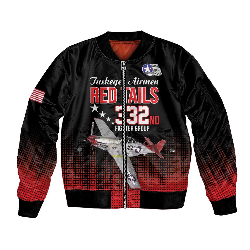 Tuskegee Red Tails Airmen WWII Tribute Sleeve Zip Bomber Jacket 332nd Fighter Group - Black - African Pride