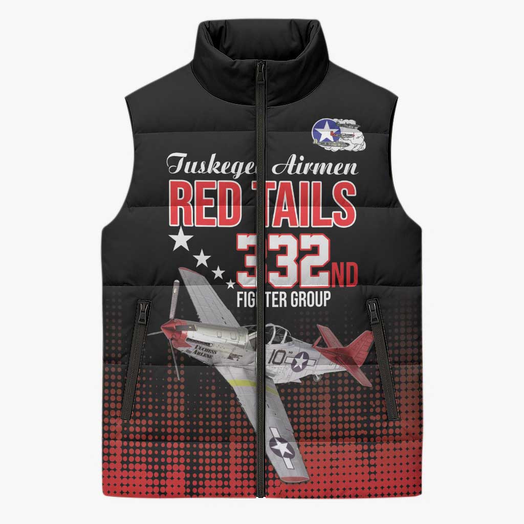 Tuskegee Red Tails Airmen WWII Tribute Sleeveless Puffer Jacket 332nd Fighter Group - Black