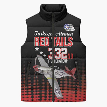 Tuskegee Red Tails Airmen WWII Tribute Sleeveless Puffer Jacket 332nd Fighter Group - Black