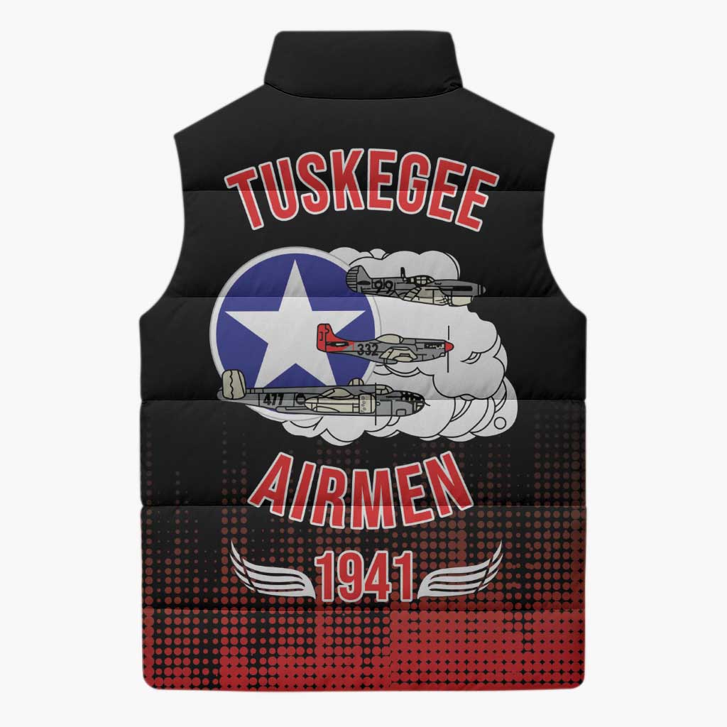 Tuskegee Red Tails Airmen WWII Tribute Sleeveless Puffer Jacket 332nd Fighter Group - Black