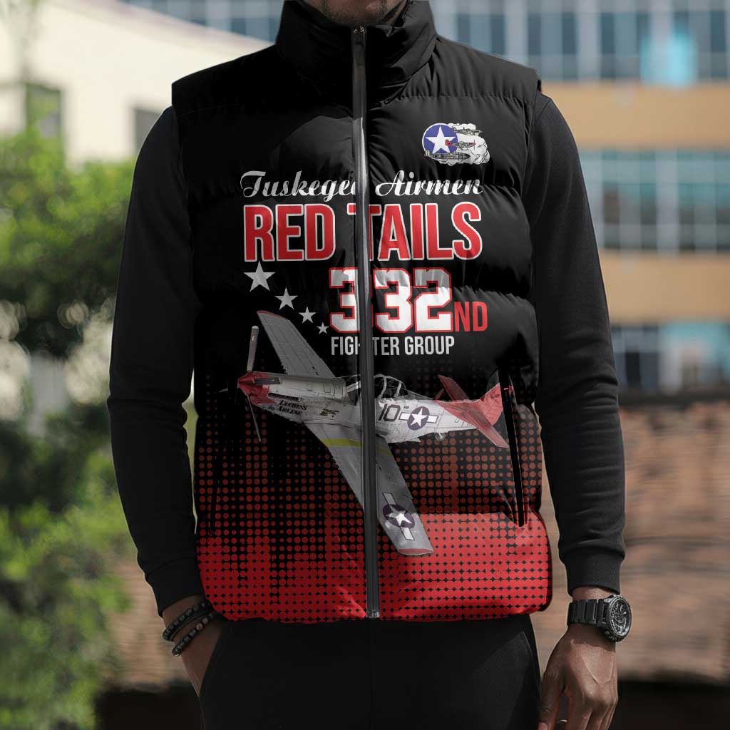 Tuskegee Red Tails Airmen WWII Tribute Sleeveless Puffer Jacket 332nd Fighter Group - Black