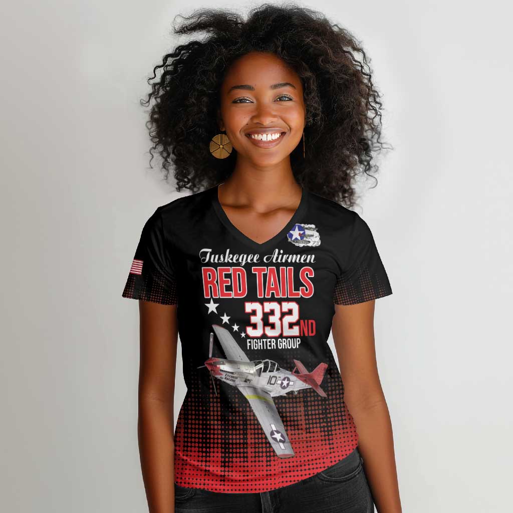 Tuskegee Red Tails Airmen WWII Tribute Women V-Neck T-Shirt 332nd Fighter Group - Black - African Pride