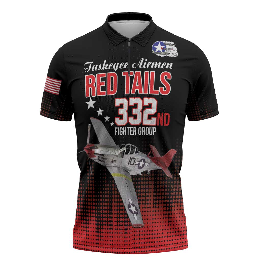 Tuskegee Red Tails Airmen WWII Tribute Zipper Polo Shirt 332nd Fighter Group - Black