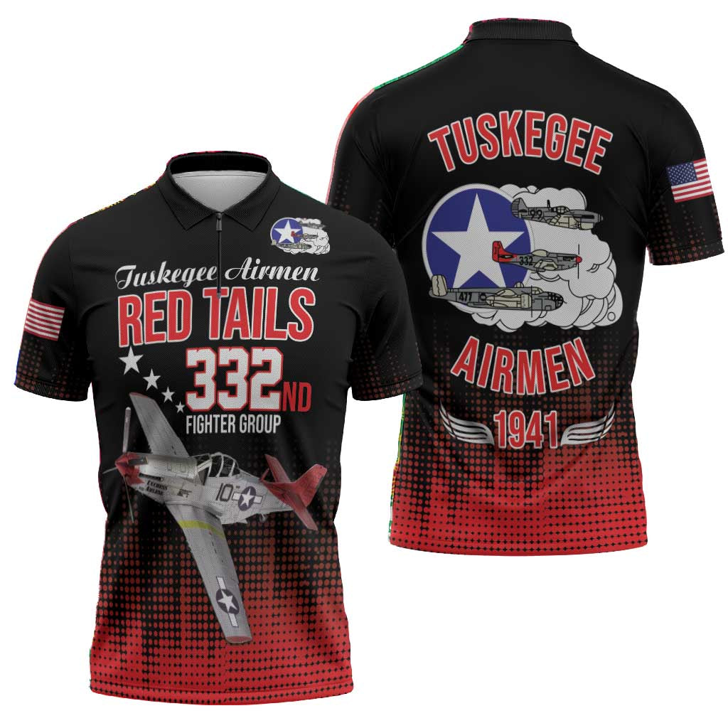 Tuskegee Red Tails Airmen WWII Tribute Zipper Polo Shirt 332nd Fighter Group - Black