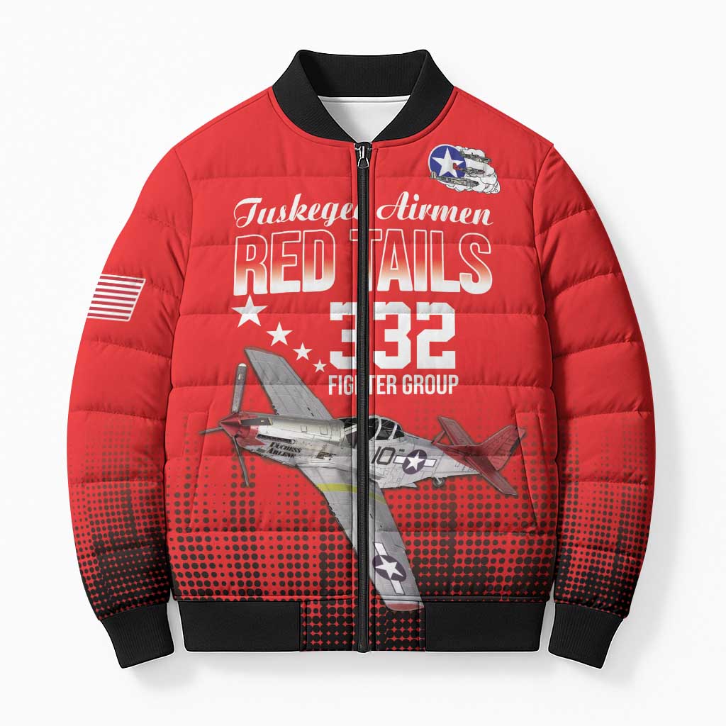 Tuskegee Red Tails Airmen WWII Tribute Bomber Puffer Jacket 332nd Fighter Group - Red