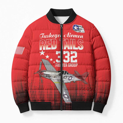 Tuskegee Red Tails Airmen WWII Tribute Bomber Puffer Jacket 332nd Fighter Group - Red