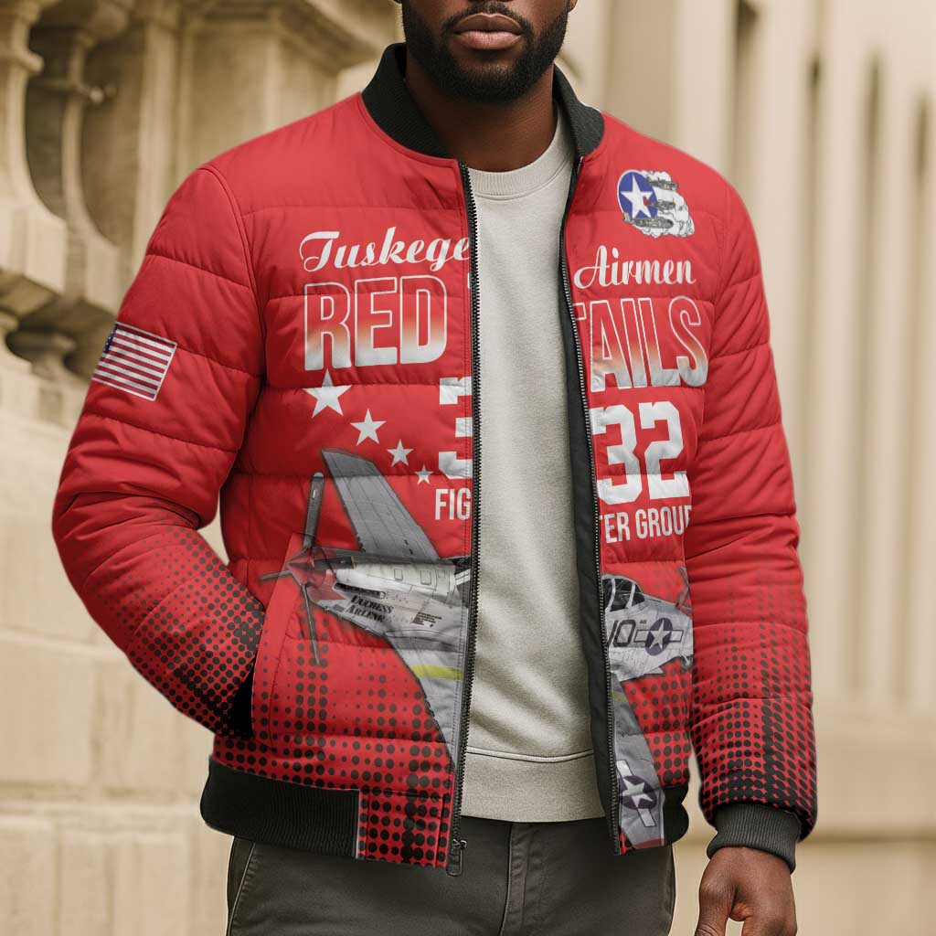 Tuskegee Red Tails Airmen WWII Tribute Bomber Puffer Jacket 332nd Fighter Group - Red