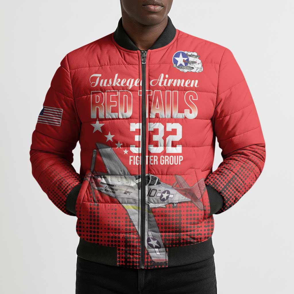 Tuskegee Red Tails Airmen WWII Tribute Bomber Puffer Jacket 332nd Fighter Group - Red