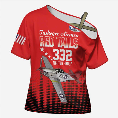 Tuskegee Red Tails Airmen WWII Tribute Cross Shoulder Shirt 332nd Fighter Group - Red