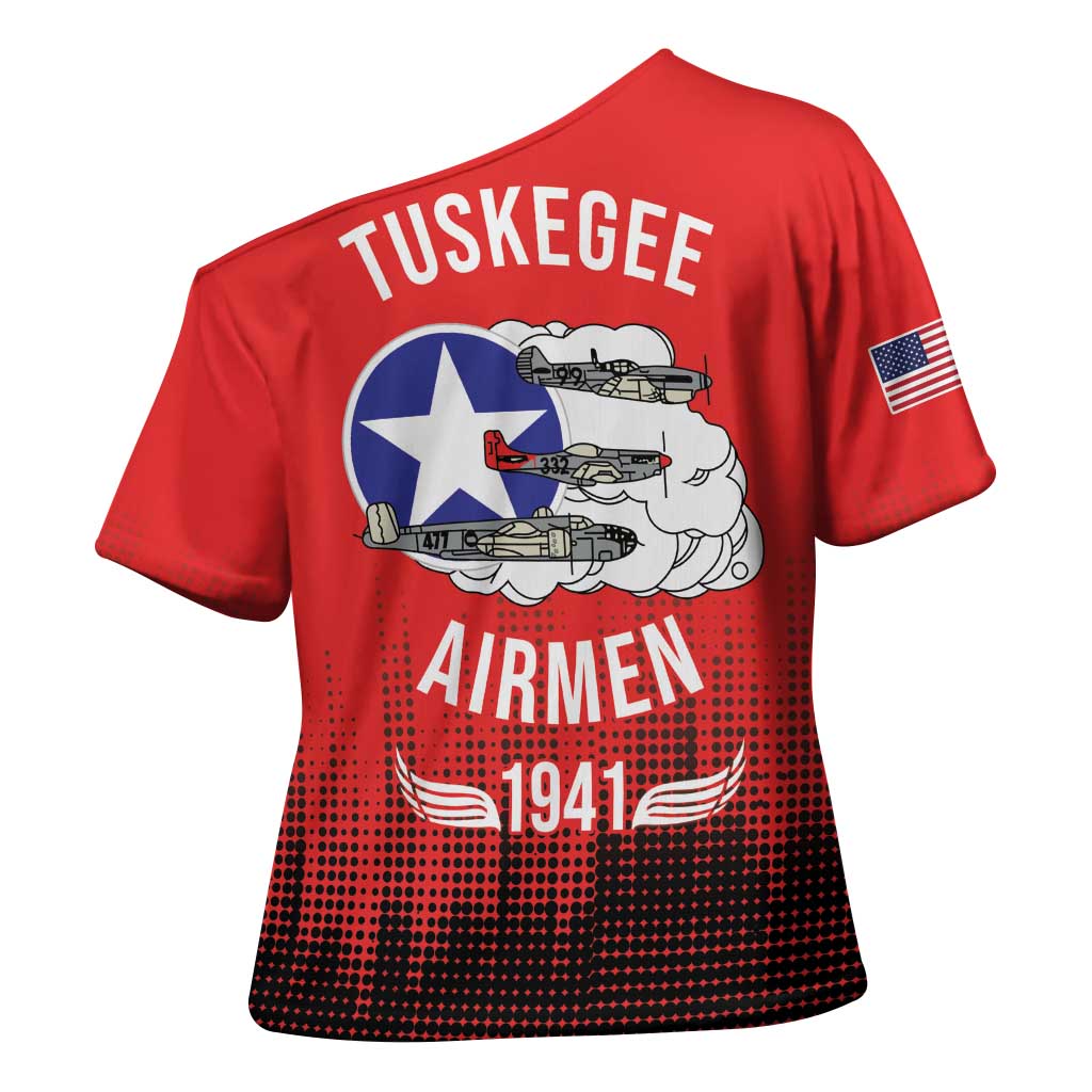 Tuskegee Red Tails Airmen WWII Tribute Cross Shoulder Shirt 332nd Fighter Group - Red