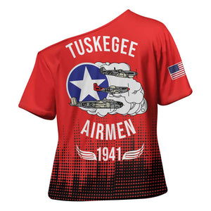 Tuskegee Red Tails Airmen WWII Tribute Cross Shoulder Shirt 332nd Fighter Group - Red