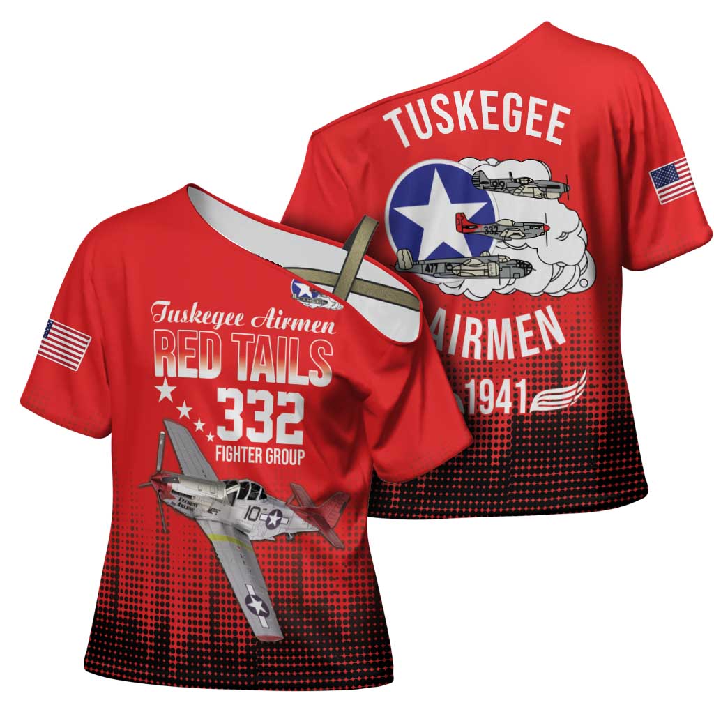 Tuskegee Red Tails Airmen WWII Tribute Cross Shoulder Shirt 332nd Fighter Group - Red