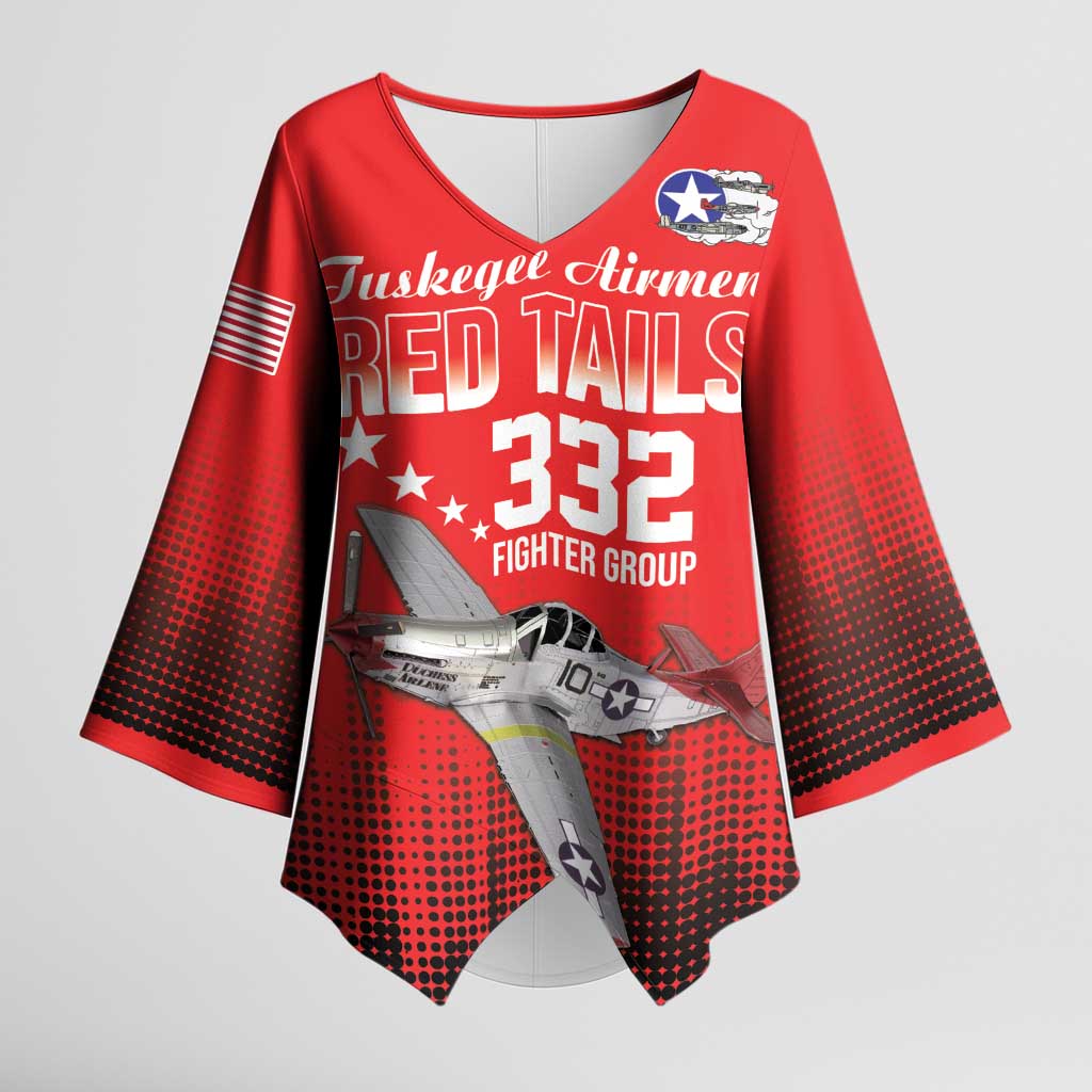 Tuskegee Red Tails Airmen WWII Tribute Kimono Sleeve Blouse 332nd Fighter Group - Red