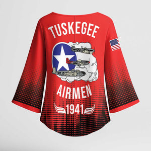 Tuskegee Red Tails Airmen WWII Tribute Kimono Sleeve Blouse 332nd Fighter Group - Red