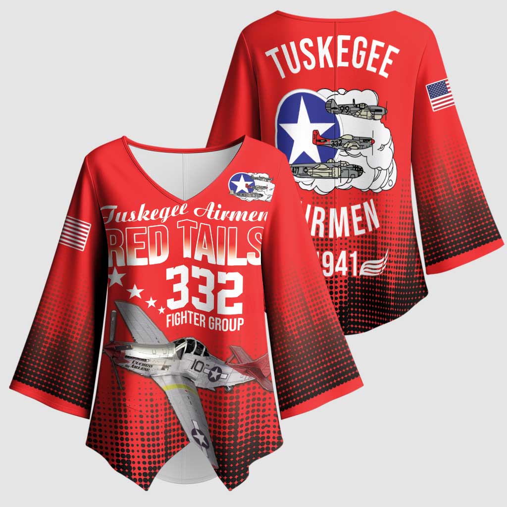 Tuskegee Red Tails Airmen WWII Tribute Kimono Sleeve Blouse 332nd Fighter Group - Red