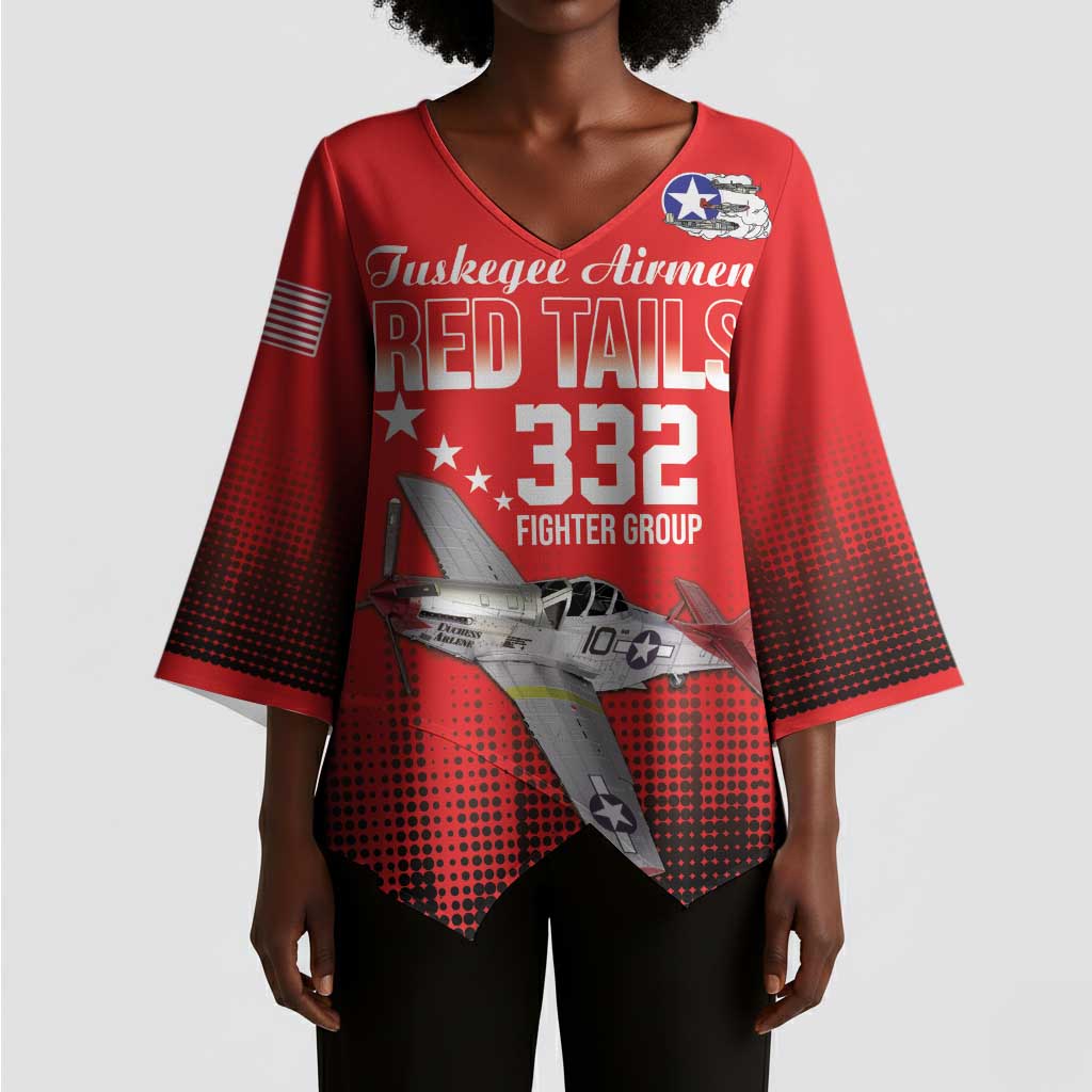 Tuskegee Red Tails Airmen WWII Tribute Kimono Sleeve Blouse 332nd Fighter Group - Red