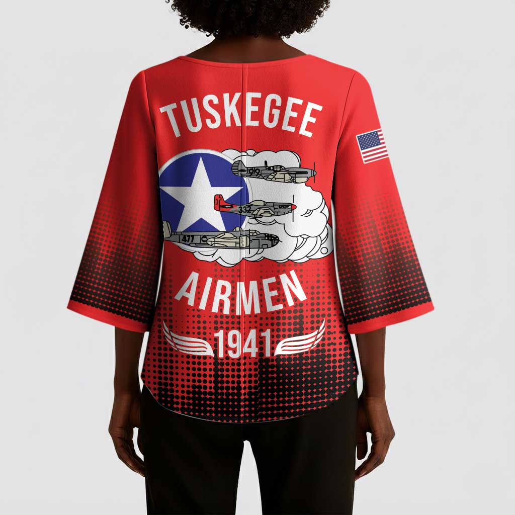 Tuskegee Red Tails Airmen WWII Tribute Kimono Sleeve Blouse 332nd Fighter Group - Red