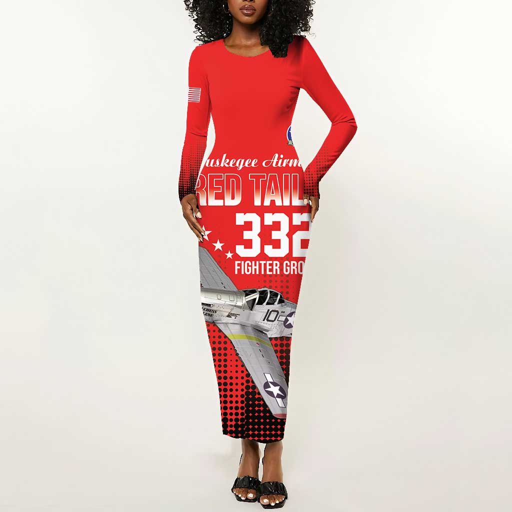 Tuskegee Red Tails Airmen WWII Tribute Long Sleeve Bodycon Dress 332nd Fighter Group - Red - African Pride
