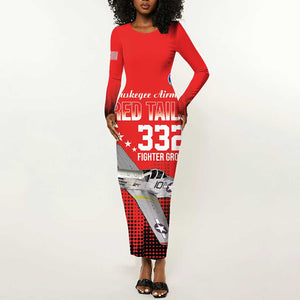 Tuskegee Red Tails Airmen WWII Tribute Long Sleeve Bodycon Dress 332nd Fighter Group - Red - African Pride