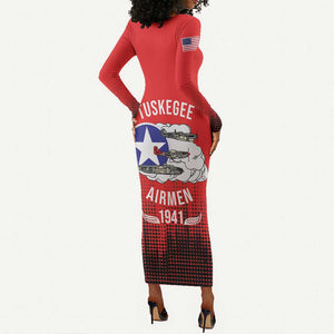 Tuskegee Red Tails Airmen WWII Tribute Long Sleeve Bodycon Dress 332nd Fighter Group - Red - African Pride