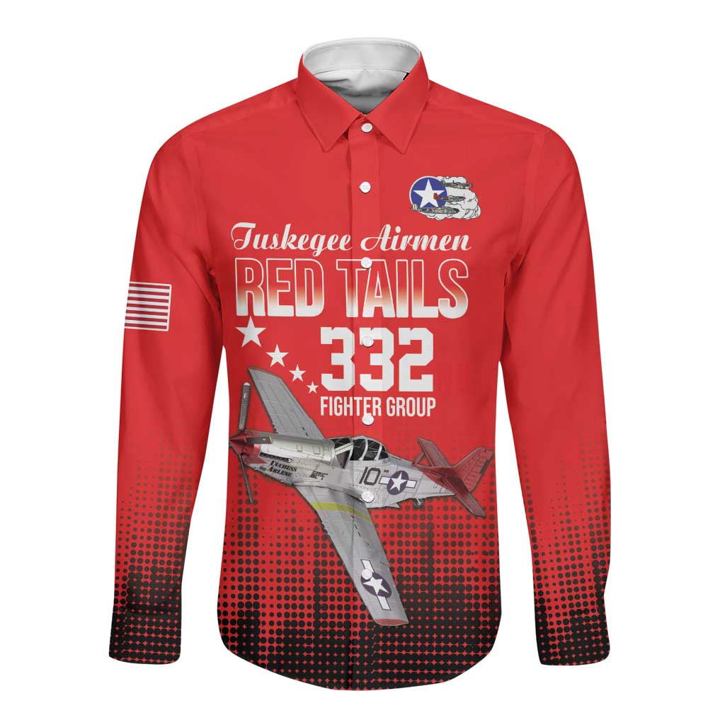 Tuskegee Red Tails Airmen WWII Tribute Long Sleeve Button Shirt 332nd Fighter Group - Red - African Pride