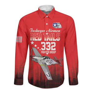 Tuskegee Red Tails Airmen WWII Tribute Long Sleeve Button Shirt 332nd Fighter Group - Red - African Pride