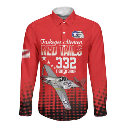 Tuskegee Red Tails Airmen WWII Tribute Long Sleeve Button Shirt 332nd Fighter Group - Red - African Pride
