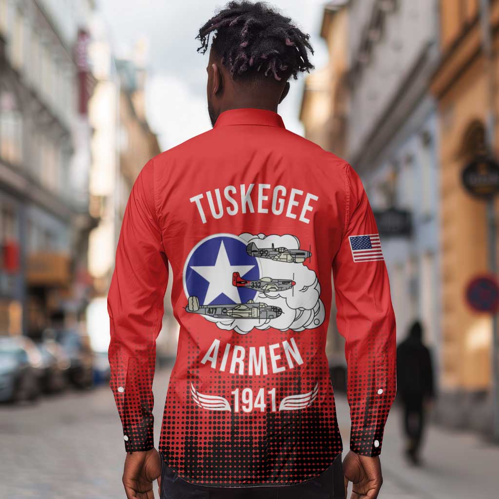 Tuskegee Red Tails Airmen WWII Tribute Long Sleeve Button Shirt 332nd Fighter Group - Red - African Pride