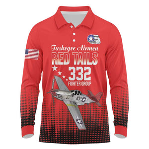 Tuskegee Red Tails Airmen WWII Tribute Long Sleeve Polo Shirt 332nd Fighter Group - Red - African Pride