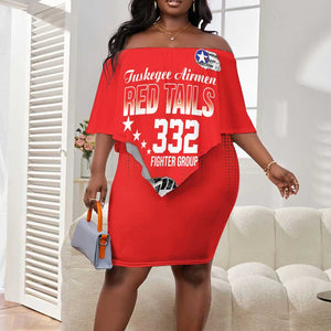 Tuskegee Red Tails Airmen WWII Tribute Off Shoulder Short Dress 332nd Fighter Group - Red - African Pride