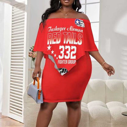 Tuskegee Red Tails Airmen WWII Tribute Off Shoulder Short Dress 332nd Fighter Group - Red - African Pride