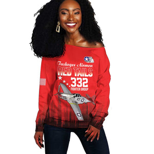 Tuskegee Red Tails Airmen WWII Tribute Off Shoulder Sweater 332nd Fighter Group - Red - African Pride
