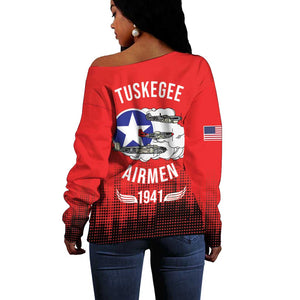 Tuskegee Red Tails Airmen WWII Tribute Off Shoulder Sweater 332nd Fighter Group - Red - African Pride