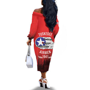 Tuskegee Red Tails Airmen WWII Tribute Off The Shoulder Long Sleeve Dress 332nd Fighter Group - Red - African Pride